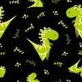 Seamless dinosaur pattern. Animal black background with green dino. Vector illustration.